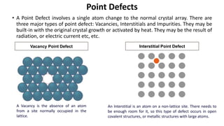 • A Point Defect involves a single atom change to the normal crystal array. There are
three major types of point defect: Vacancies, Interstitials and Impurities. They may be
built-in with the original crystal growth or activated by heat. They may be the result of
radiation, or electric current etc, etc.
Point Defects
A Vacancy is the absence of an atom
from a site normally occupied in the
lattice.
An Interstitial is an atom on a non-lattice site. There needs to
be enough room for it, so this type of defect occurs in open
covalent structures, or metallic structures with large atoms.
Vacancy Point Defect Interstitial Point Defect
 