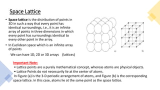 Space Lattice
• Space lattice is the distribution of points in
3D in such a way that every point has
identical surroundings, i.e., it is an infinite
array of points in three dimensions in which
every point has surroundings identical to
every other point in the array.
• In Euclidean space which is an infinite array
of points
We can have 1D, 2D or 3D arrays (lattices)
Important Note:
• Lattice points are a purely mathematical concept, whereas atoms are physical objects.
• Lattice Points do not necessarily lie at the center of atoms.
In Figure (a) is the 3-D periodic arrangement of atoms, and Figure (b) is the corresponding
space lattice. In this case, atoms lie at the same point as the space lattice.
 