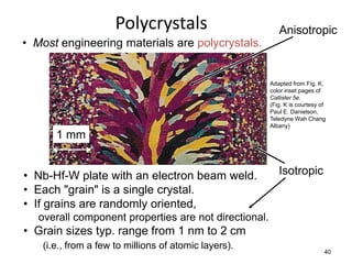 Polycrystals                         Anisotropic
• Most engineering materials are polycrystals.


                                                       Adapted from Fig. K,
                                                       color inset pages of
                                                       Callister 5e.
                                                       (Fig. K is courtesy of
                                                       Paul E. Danielson,
                                                       Teledyne Wah Chang
                                                       Albany)
      1 mm


• Nb-Hf-W plate with an electron beam weld.               Isotropic
• Each "grain" is a single crystal.
• If grains are randomly oriented,
   overall component properties are not directional.
• Grain sizes typ. range from 1 nm to 2 cm
   (i.e., from a few to millions of atomic layers).
                                                                            40
 
