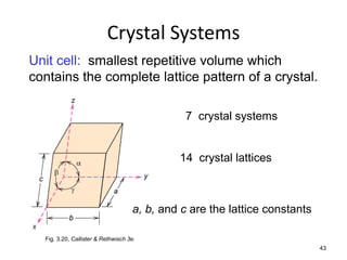Crystal Systems
Unit cell: smallest repetitive volume which
contains the complete lattice pattern of a crystal.

                                              7 crystal systems


                                             14 crystal lattices



                                    a, b, and c are the lattice constants

  Fig. 3.20, Callister & Rethwisch 3e.
                                                                            43
 