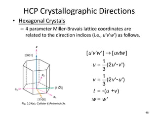 HCP Crystallographic Directions
• Hexagonal Crystals
     – 4 parameter Miller-Bravais lattice coordinates are
       related to the direction indices (i.e., u'v'w') as follows.

                 z

                                               [ u 'v 'w ' ]  [ uvtw ]
                                                      1
                                                  u  (2 u ' - v ')
                                                      3
                      a2
                                                      1
                                                  v  (2 v ' - u ')
                                     -                3
a3
                                                  t  - (u +v )
                                                  w  w'
                                a1

     Fig. 3.24(a), Callister & Rethwisch 3e.


                                                                          48
 