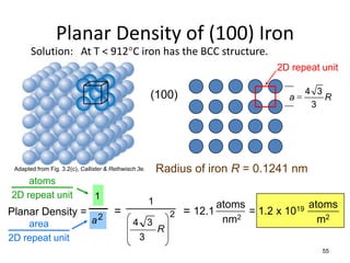 Planar Density of (100) Iron
       Solution: At T < 912C iron has the BCC structure.
                                                                                  2D repeat unit

                                                       (100)                              4 3
                                                                                     a       R
                                                                                           3




 Adapted from Fig. 3.2(c), Callister & Rethwisch 3e.       Radius of iron R = 0.1241 nm
    atoms
2D repeat unit                  1
                                                       1              atoms            19 atoms
Planar Density =                       =                     2 = 12.1       = 1.2 x 10
    area                       a2              4 3                     nm 2                 m2
                                                   R
2D repeat unit                                  3
                                                                                             55
 