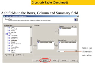 Add fields to the Rows, Column and Summary field
areas
Cross-tab Table (Continued)
Select the
Summary
operation
 