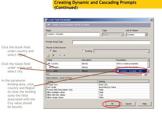 Creating Dynamic and Cascading Prompts
(Continued)
Click the blank field
under country and
select region
Click the blank field
under region and
select city
In the parameter
binding area, click
country and Region
to clear the binding
(only the field
associated with the
City value should
be bound).
 