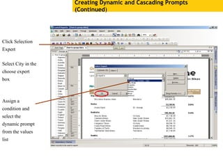 Creating Dynamic and Cascading Prompts
(Continued)
Select City in the
choose expert
box
Assign a
condition and
select the
dynamic prompt
from the values
list
Click Selection
Expert
 