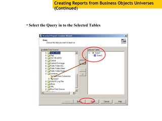 Creating Reports from Business Objects Universes
(Continued)
• Select the Query in to the Selected Tables
 