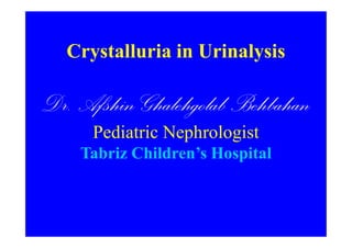 Crystalluria in Urinalysis
Dr. Afshin Ghalehgolab Behbahan
Pediatric Nephrologist
Tabriz Children’s Hospital
 