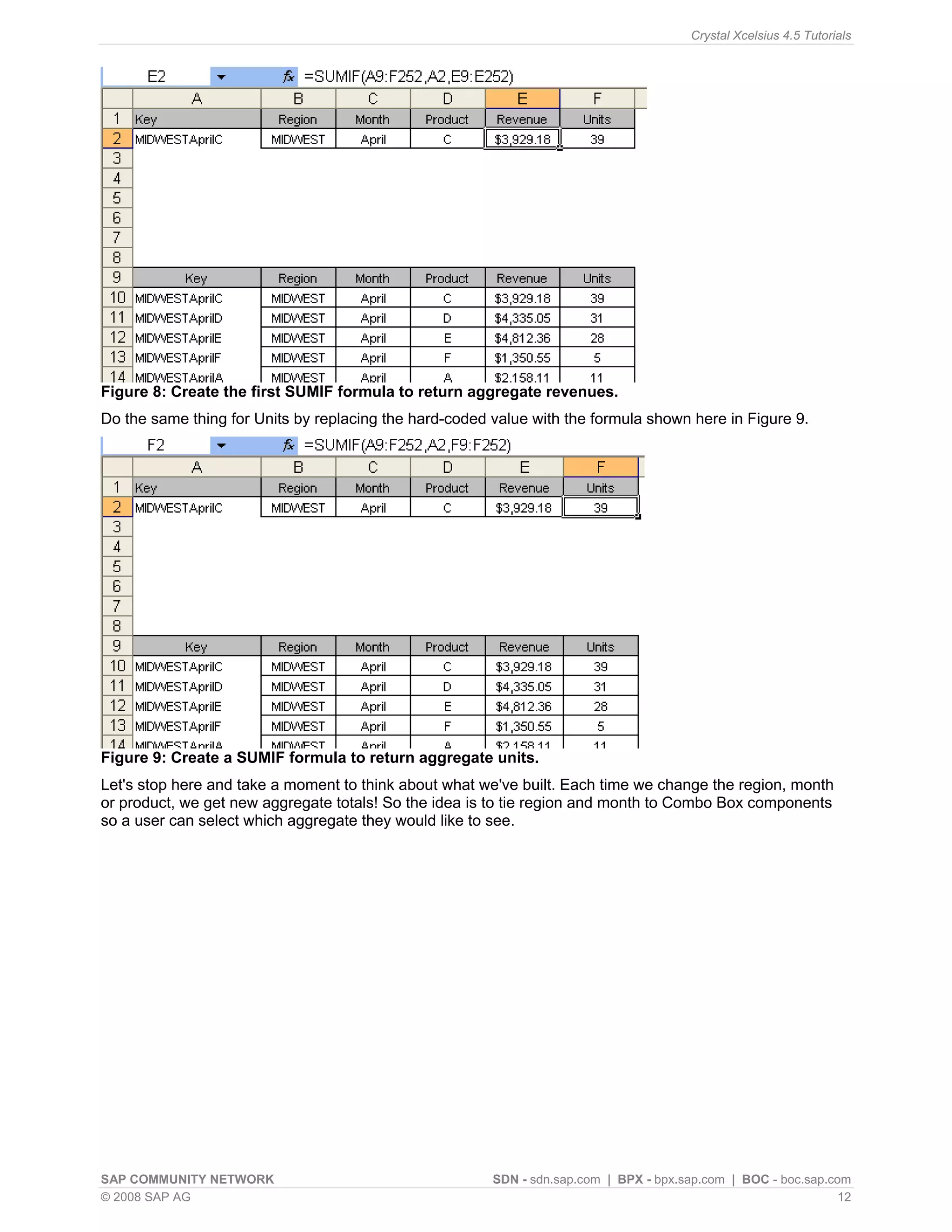 Crystal Xcelsius 4.5 Tutorials




Figure 8: Create the first SUMIF formula to return aggregate revenues.
Do the same thing for Units by replacing the hard-coded value with the formula shown here in Figure 9.




Figure 9: Create a SUMIF formula to return aggregate units.
Let's stop here and take a moment to think about what we've built. Each time we change the region, month
or product, we get new aggregate totals! So the idea is to tie region and month to Combo Box components
so a user can select which aggregate they would like to see.




SAP COMMUNITY NETWORK                                   SDN - sdn.sap.com | BPX - bpx.sap.com | BOC - boc.sap.com
© 2008 SAP AG                                                                                                   12
 
