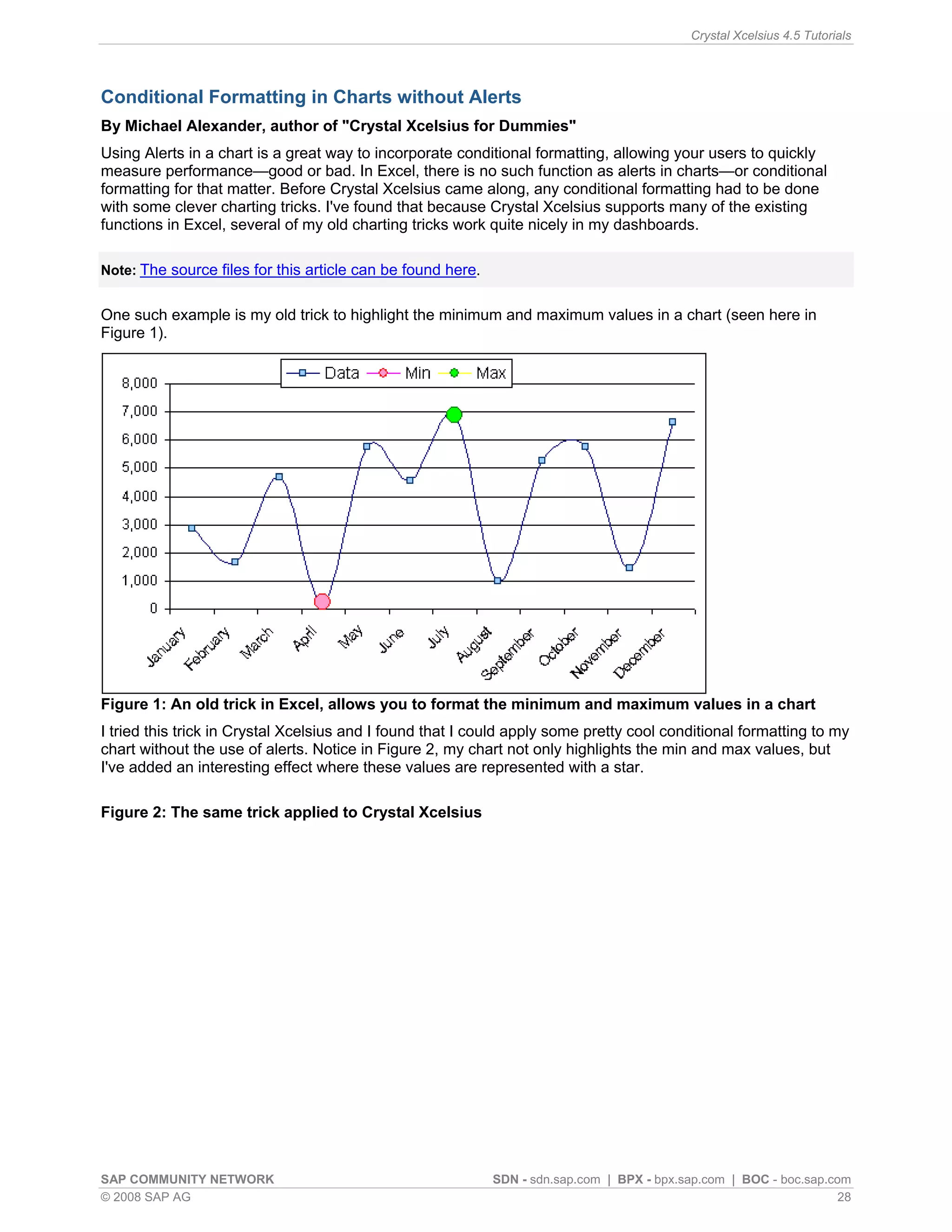 Crystal Xcelsius 4.5 Tutorials




Conditional Formatting in Charts without Alerts
By Michael Alexander, author of "Crystal Xcelsius for Dummies"
Using Alerts in a chart is a great way to incorporate conditional formatting, allowing your users to quickly
measure performance—good or bad. In Excel, there is no such function as alerts in charts—or conditional
formatting for that matter. Before Crystal Xcelsius came along, any conditional formatting had to be done
with some clever charting tricks. I've found that because Crystal Xcelsius supports many of the existing
functions in Excel, several of my old charting tricks work quite nicely in my dashboards.

Note: The source files for this article can be found here.


One such example is my old trick to highlight the minimum and maximum values in a chart (seen here in
Figure 1).




Figure 1: An old trick in Excel, allows you to format the minimum and maximum values in a chart
I tried this trick in Crystal Xcelsius and I found that I could apply some pretty cool conditional formatting to my
chart without the use of alerts. Notice in Figure 2, my chart not only highlights the min and max values, but
I've added an interesting effect where these values are represented with a star.

Figure 2: The same trick applied to Crystal Xcelsius




SAP COMMUNITY NETWORK                                        SDN - sdn.sap.com | BPX - bpx.sap.com | BOC - boc.sap.com
© 2008 SAP AG                                                                                                        28
 
