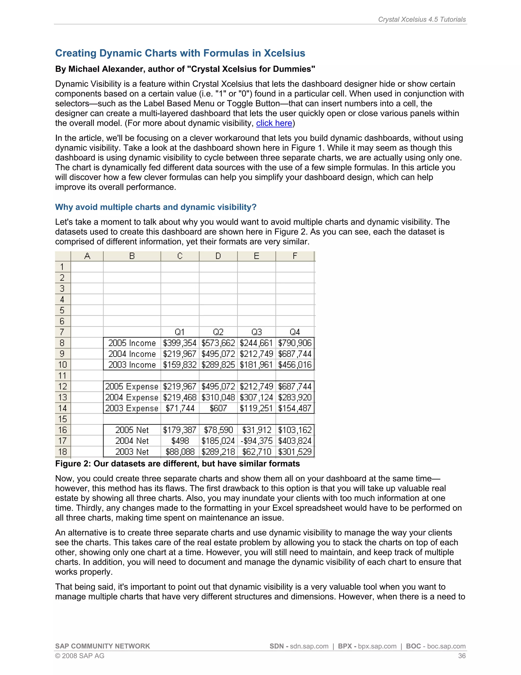 Crystal Xcelsius 4.5 Tutorials




Creating Dynamic Charts with Formulas in Xcelsius
By Michael Alexander, author of "Crystal Xcelsius for Dummies"
Dynamic Visibility is a feature within Crystal Xcelsius that lets the dashboard designer hide or show certain
components based on a certain value (i.e. "1" or "0") found in a particular cell. When used in conjunction with
selectors—such as the Label Based Menu or Toggle Button—that can insert numbers into a cell, the
designer can create a multi-layered dashboard that lets the user quickly open or close various panels within
the overall model. (For more about dynamic visibility, click here)
In the article, we'll be focusing on a clever workaround that lets you build dynamic dashboards, without using
dynamic visibility. Take a look at the dashboard shown here in Figure 1. While it may seem as though this
dashboard is using dynamic visibility to cycle between three separate charts, we are actually using only one.
The chart is dynamically fed different data sources with the use of a few simple formulas. In this article you
will discover how a few clever formulas can help you simplify your dashboard design, which can help
improve its overall performance.

Why avoid multiple charts and dynamic visibility?
Let's take a moment to talk about why you would want to avoid multiple charts and dynamic visibility. The
datasets used to create this dashboard are shown here in Figure 2. As you can see, each the dataset is
comprised of different information, yet their formats are very similar.




Figure 2: Our datasets are different, but have similar formats
Now, you could create three separate charts and show them all on your dashboard at the same time—
however, this method has its flaws. The first drawback to this option is that you will take up valuable real
estate by showing all three charts. Also, you may inundate your clients with too much information at one
time. Thirdly, any changes made to the formatting in your Excel spreadsheet would have to be performed on
all three charts, making time spent on maintenance an issue.
An alternative is to create three separate charts and use dynamic visibility to manage the way your clients
see the charts. This takes care of the real estate problem by allowing you to stack the charts on top of each
other, showing only one chart at a time. However, you will still need to maintain, and keep track of multiple
charts. In addition, you will need to document and manage the dynamic visibility of each chart to ensure that
works properly.
That being said, it's important to point out that dynamic visibility is a very valuable tool when you want to
manage multiple charts that have very different structures and dimensions. However, when there is a need to




SAP COMMUNITY NETWORK                                     SDN - sdn.sap.com | BPX - bpx.sap.com | BOC - boc.sap.com
© 2008 SAP AG                                                                                                     36
 