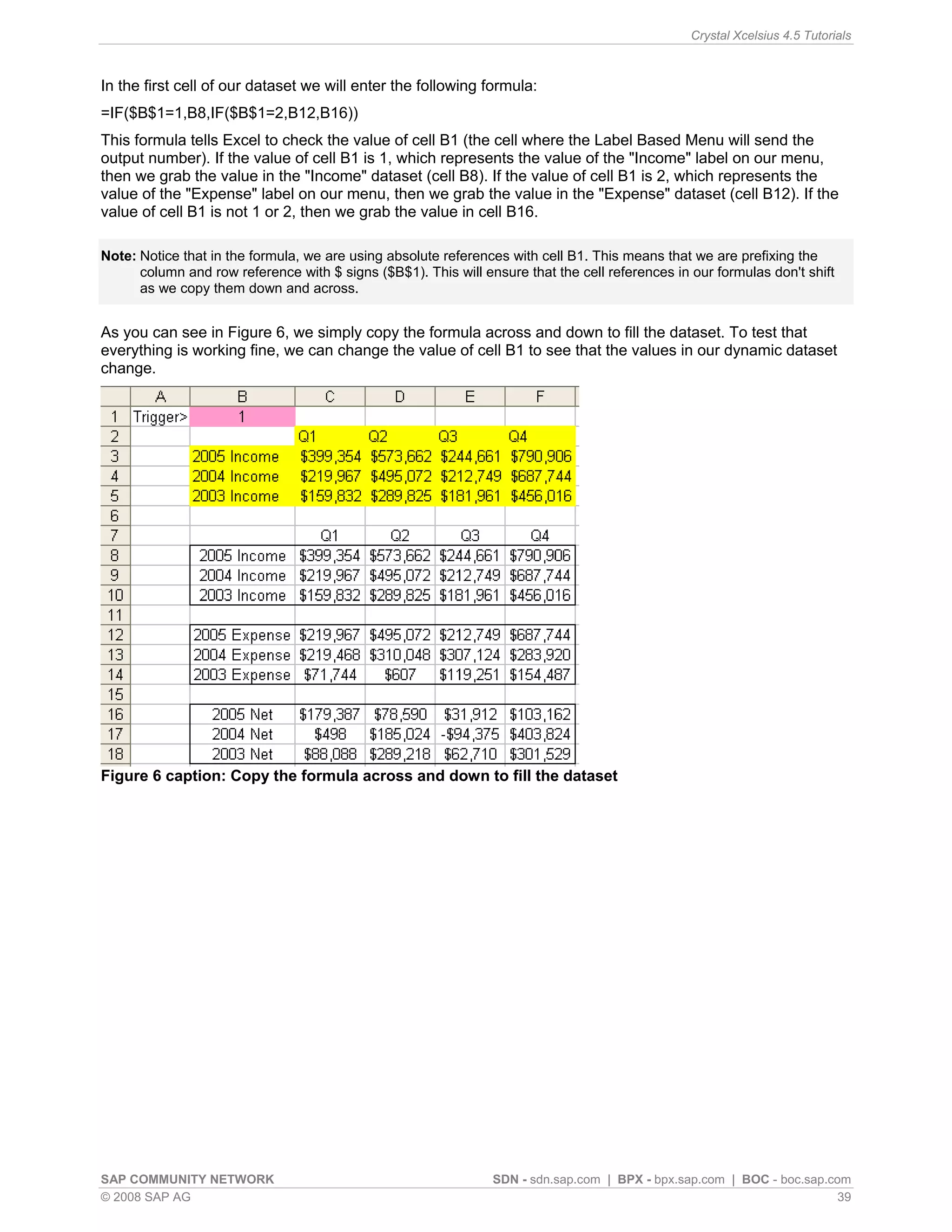 Crystal Xcelsius 4.5 Tutorials



In the first cell of our dataset we will enter the following formula:
=IF($B$1=1,B8,IF($B$1=2,B12,B16))
This formula tells Excel to check the value of cell B1 (the cell where the Label Based Menu will send the
output number). If the value of cell B1 is 1, which represents the value of the "Income" label on our menu,
then we grab the value in the "Income" dataset (cell B8). If the value of cell B1 is 2, which represents the
value of the "Expense" label on our menu, then we grab the value in the "Expense" dataset (cell B12). If the
value of cell B1 is not 1 or 2, then we grab the value in cell B16.

Note: Notice that in the formula, we are using absolute references with cell B1. This means that we are prefixing the
      column and row reference with $ signs ($B$1). This will ensure that the cell references in our formulas don't shift
      as we copy them down and across.


As you can see in Figure 6, we simply copy the formula across and down to fill the dataset. To test that
everything is working fine, we can change the value of cell B1 to see that the values in our dynamic dataset
change.




Figure 6 caption: Copy the formula across and down to fill the dataset




SAP COMMUNITY NETWORK                                           SDN - sdn.sap.com | BPX - bpx.sap.com | BOC - boc.sap.com
© 2008 SAP AG                                                                                                           39
 
