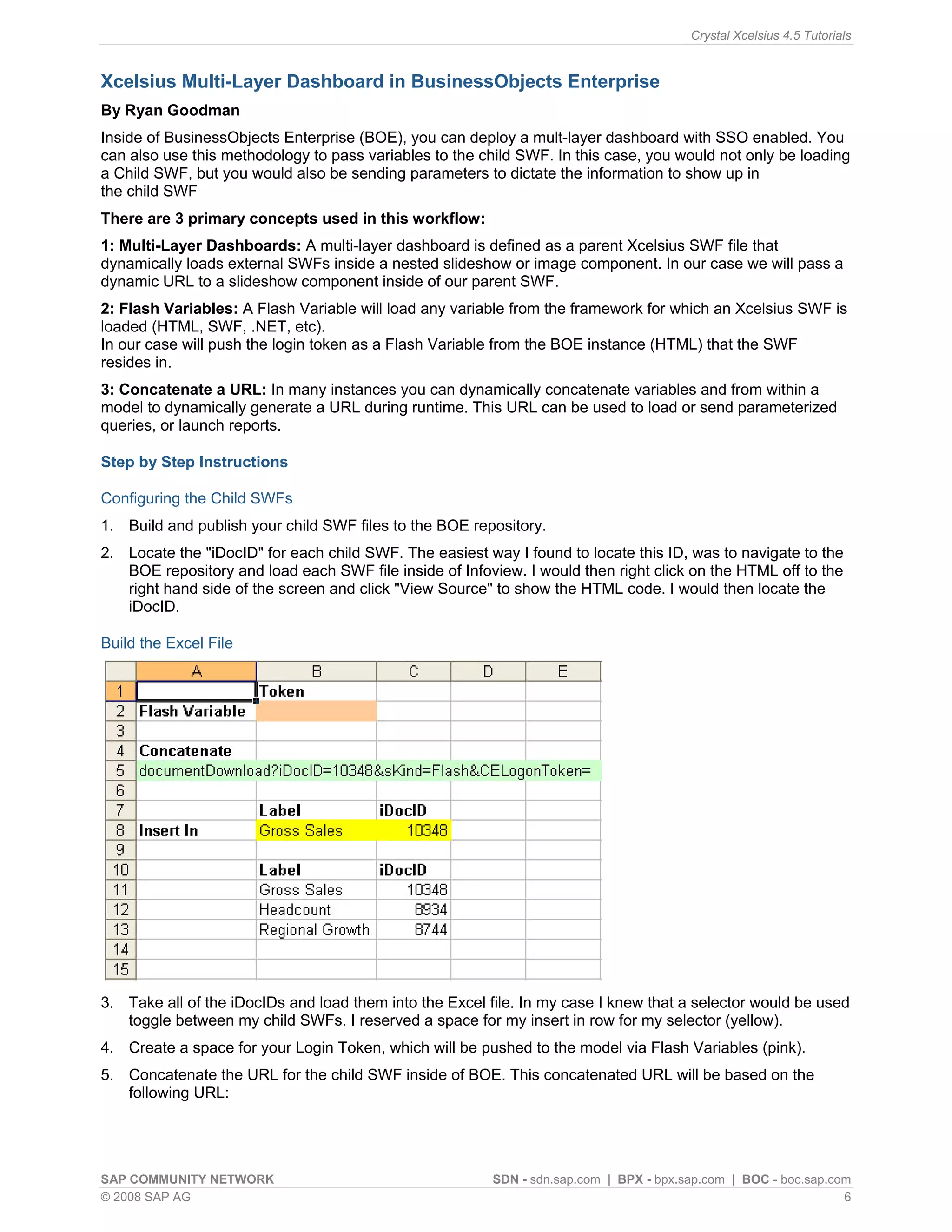 Crystal Xcelsius 4.5 Tutorials


Xcelsius Multi-Layer Dashboard in BusinessObjects Enterprise
By Ryan Goodman
Inside of BusinessObjects Enterprise (BOE), you can deploy a mult-layer dashboard with SSO enabled. You
can also use this methodology to pass variables to the child SWF. In this case, you would not only be loading
a Child SWF, but you would also be sending parameters to dictate the information to show up in
the child SWF
There are 3 primary concepts used in this workflow:
1: Multi-Layer Dashboards: A multi-layer dashboard is defined as a parent Xcelsius SWF file that
dynamically loads external SWFs inside a nested slideshow or image component. In our case we will pass a
dynamic URL to a slideshow component inside of our parent SWF.
2: Flash Variables: A Flash Variable will load any variable from the framework for which an Xcelsius SWF is
loaded (HTML, SWF, .NET, etc).
In our case will push the login token as a Flash Variable from the BOE instance (HTML) that the SWF
resides in.
3: Concatenate a URL: In many instances you can dynamically concatenate variables and from within a
model to dynamically generate a URL during runtime. This URL can be used to load or send parameterized
queries, or launch reports.

Step by Step Instructions

Configuring the Child SWFs
1. Build and publish your child SWF files to the BOE repository.
2. Locate the "iDocID" for each child SWF. The easiest way I found to locate this ID, was to navigate to the
   BOE repository and load each SWF file inside of Infoview. I would then right click on the HTML off to the
   right hand side of the screen and click "View Source" to show the HTML code. I would then locate the
   iDocID.

Build the Excel File




3. Take all of the iDocIDs and load them into the Excel file. In my case I knew that a selector would be used
   toggle between my child SWFs. I reserved a space for my insert in row for my selector (yellow).
4. Create a space for your Login Token, which will be pushed to the model via Flash Variables (pink).
5. Concatenate the URL for the child SWF inside of BOE. This concatenated URL will be based on the
   following URL:




SAP COMMUNITY NETWORK                                    SDN - sdn.sap.com | BPX - bpx.sap.com | BOC - boc.sap.com
© 2008 SAP AG                                                                                                    6
 