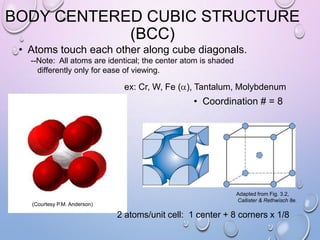 BODY CENTERED CUBIC STRUCTURE
(BCC)
• Atoms touch each other along cube diagonals.
--Note: All atoms are identical; the center atom is shaded
differently only for ease of viewing.

ex: Cr, W, Fe ( ), Tantalum, Molybdenum

• Coordination # = 8

(Courtesy P.M. Anderson)

Adapted from Fig. 3.2,
Callister & Rethwisch 8e.

2 atoms/unit cell: 1 center + 8 corners x 1/8

 