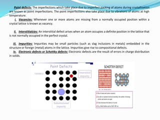 Point defects: The imperfections which take place due to imperfect packing of atoms during crystallization
are known as point imperfections. The point imperfections also take place due to vibrations of atoms at high
temperature.
i. Vacancies: Whenever one or more atoms are missing from a normally occupied position within a
crystal lattice is known as vacancy.
ii. Interstitialcies: An interstitial defect arises when an atom occupies a definite position in the lattice that
is not normally occupied in the perfect crystal.
iii. Impurities: Impurities may be small particles (such as slag inclusions in metals) embedded in the
structure or foreign (metal) atoms in the lattice. Impurities give rise to compositional defects.
iv. Electronic defects or Schottky defects: Electronic defects are the result of errors in charge distribution
in solids.
 
