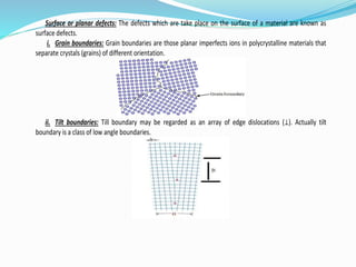 Surface or planar defects: The defects which are take place on the surface of a material are known as
surface defects.
i. Grain boundaries: Grain boundaries are those planar imperfects ions in polycrystalline materials that
separate crystals (grains) of different orientation.
ii. Tilt boundaries: Till boundary may be regarded as an array of edge dislocations (⊥). Actually tilt
boundary is a class of low angle boundaries.
 