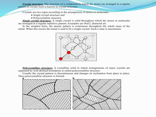 Crystal structure: The structure of a compound in which the atoms are arranged in a regular
pattern or crystal form is known as crystal structure.
Crystals are two types according to the arrangement of atoms or molecules:
 Single crystal structure and
 Polycrystalline structure.
Single crystal structure: A single crystal is solid throughout which the atoms or molecules
are arranged in a regular repetitive pattern. Examples are 𝑁𝑎𝐶𝑙, diamond etc.
In the simplest form, the atomic pattern is continuous throughout the whole mass of the
metal. When this occurs the metal is said to be a single crystal. Such a state is uncommon.
Polycrystalline structure: A crystalline solid in which arrangements of many crystals are
separated by well-defined boundaries is called polycrystalline structure.
Usually the crystal pattern is discontinuous and changes its inclination from place to place.
Thus polycrystalline structure is formed.
 