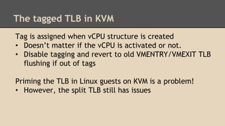The tagged TLB in KVM
Tag is assigned when vCPU structure is created
• Doesn’t matter if the vCPU is activated or not.
• D...