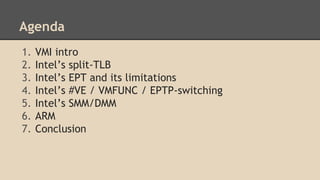 Agenda
1. VMI intro
2. Intel’s split-TLB
3. Intel’s EPT and its limitations
4. Intel’s #VE / VMFUNC / EPTP-switching
5. In...