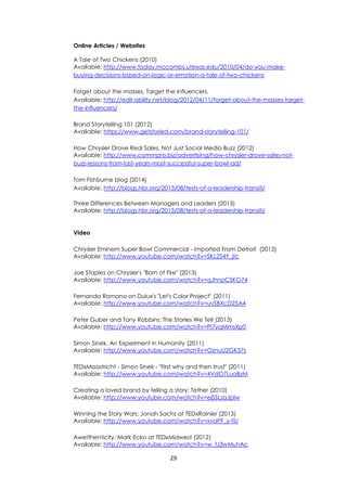 29
Online Articles / Websites
A Tale of Two Chickens (2010)
Available: http://www.today.mccombs.utexas.edu/2010/04/do-you-make-
buying-decisions-based-on-logic-or-emotion-a-tale-of-two-chickens
Forget about the masses, Target the influencers.
Available: http://edit-ability.net/blog/2012/04/11/forget-about-the-masses-target-
the-influencers/
Brand Storytelling 101 (2012)
Available: https://www.getstoried.com/brand-storytelling-101/
How Chrysler Drove Real Sales, Not Just Social Media Buzz (2012)
Available: http://www.commpro.biz/advertising/how-chrysler-drove-sales-not-
buzz-lessons-from-last-years-most-successful-super-bowl-ad/
Tom Fishburne blog (2014)
Available: http://blogs.hbr.org/2013/08/tests-of-a-leadership-transiti/
Three Differences Between Managers and Leaders (2013)
Available: http://blogs.hbr.org/2013/08/tests-of-a-leadership-transiti/
Video
Chrysler Eminem Super Bowl Commercial - Imported From Detroit (2013)
Available: http://www.youtube.com/watch?v=SKL254Y_jtc
Joe Staples on Chrysler's "Born of Fire" (2013)
Available: http://www.youtube.com/watch?v=qJhnpCSKG74
Fernanda Romano on Dulux's "Let's Color Project" (2011)
Available: http://www.youtube.com/watch?v=uvSBXcD25A4
Peter Guber and Tony Robbins: The Stories We Tell (2013)
Available: http://www.youtube.com/watch?v=PI7yqMmsXp0
Simon Sinek, An Experiment in Humanity (2011)
Available: http://www.youtube.com/watch?v=OznuU2GK37s
TEDxMaastricht - Simon Sinek - "First why and then trust" (2011)
Available: http://www.youtube.com/watch?v=4VdO7LuoBzM
Creating a loved brand by telling a story: Tether (2010)
Available: http://www.youtube.com/watch?v=ejSSLzaJplw
Winning the Story Wars: Jonah Sachs at TEDxRainier (2013)
Available: http://www.youtube.com/watch?v=xvaPF_y-fiU
Awe!thenticity: Mark Ecko at TEDxMidwest (2012)
Available: http://www.youtube.com/watch?v=w_fJ3wMuhAc
 