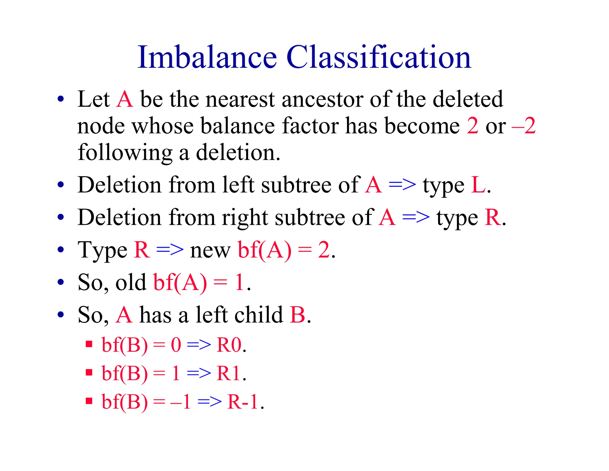 Imbalance Classification
• Let A be the nearest ancestor of the deleted
node whose balance factor has become 2 or –2
following a deletion.
• Deletion from left subtree of A => type L.
• Deletion from right subtree of A => type R.
• Type R => new bf(A) = 2.
• So, old bf(A) = 1.
• So, A has a left child B.
 bf(B) = 0 => R0.
 bf(B) = 1 => R1.
 bf(B) = –1 => R-1.
 