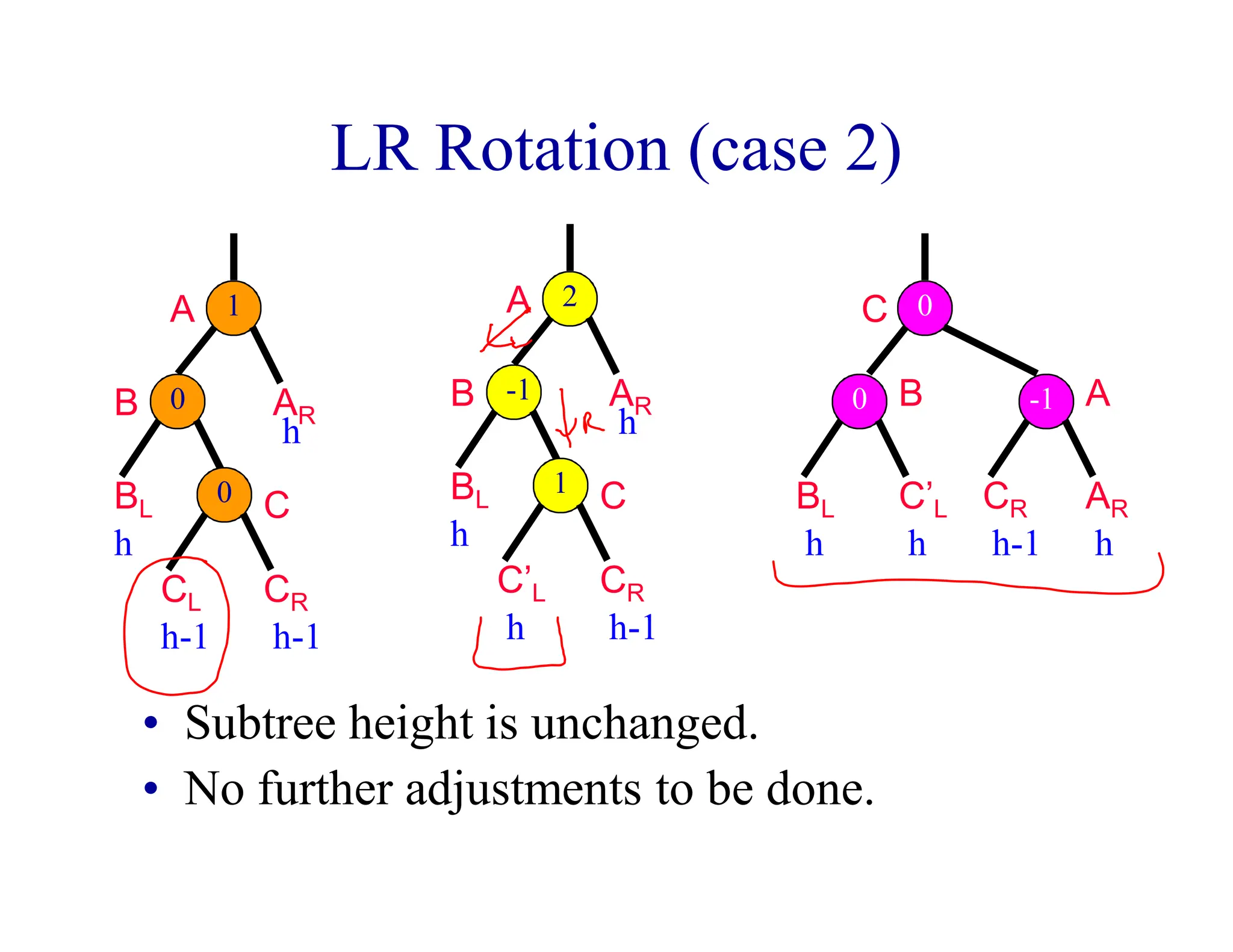LR Rotation (case 2)
• Subtree height is unchanged.
• No further adjustments to be done.
C
A
CR
h-1
AR
h
1
0
A
B
BL
CR
AR
h
h-1
h
0
CL
h-1
C
A
B
BL
CR
AR
h
h-1
h
C’L
h
C
B
BL
h
C’L
h
1
-1
2
0 -1
0
 