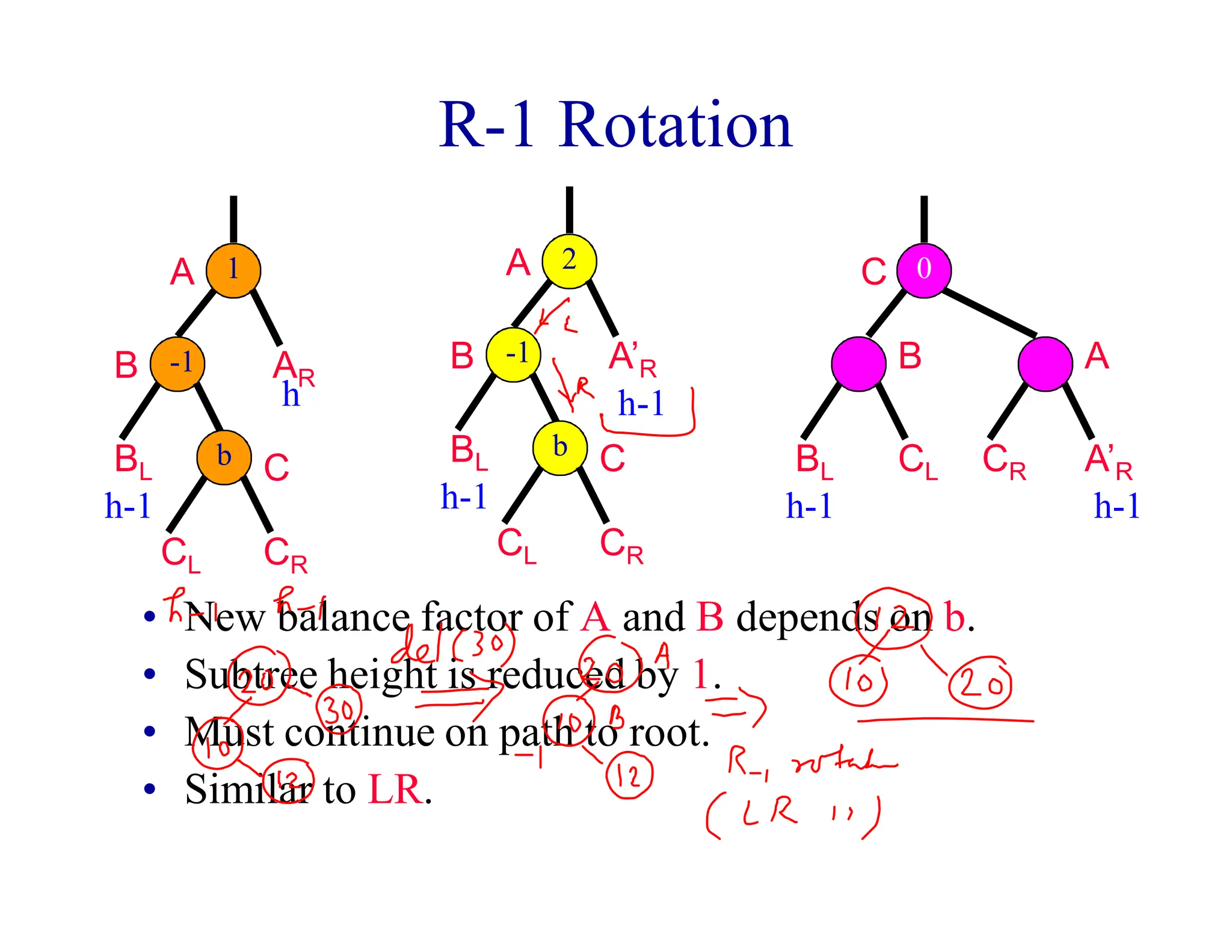 R-1 Rotation
• New balance factor of A and B depends on b.
• Subtree height is reduced by 1.
• Must continue on path to root.
• Similar to LR.
1
-1
A
B
BL
CR
AR
h-1
h
b
CL
C
A
B
BL
CR
A’R
h-1
h-1
CL
C
b
-1
2
C
A
CR A’R
h-1
B
BL
h-1
CL
0
 