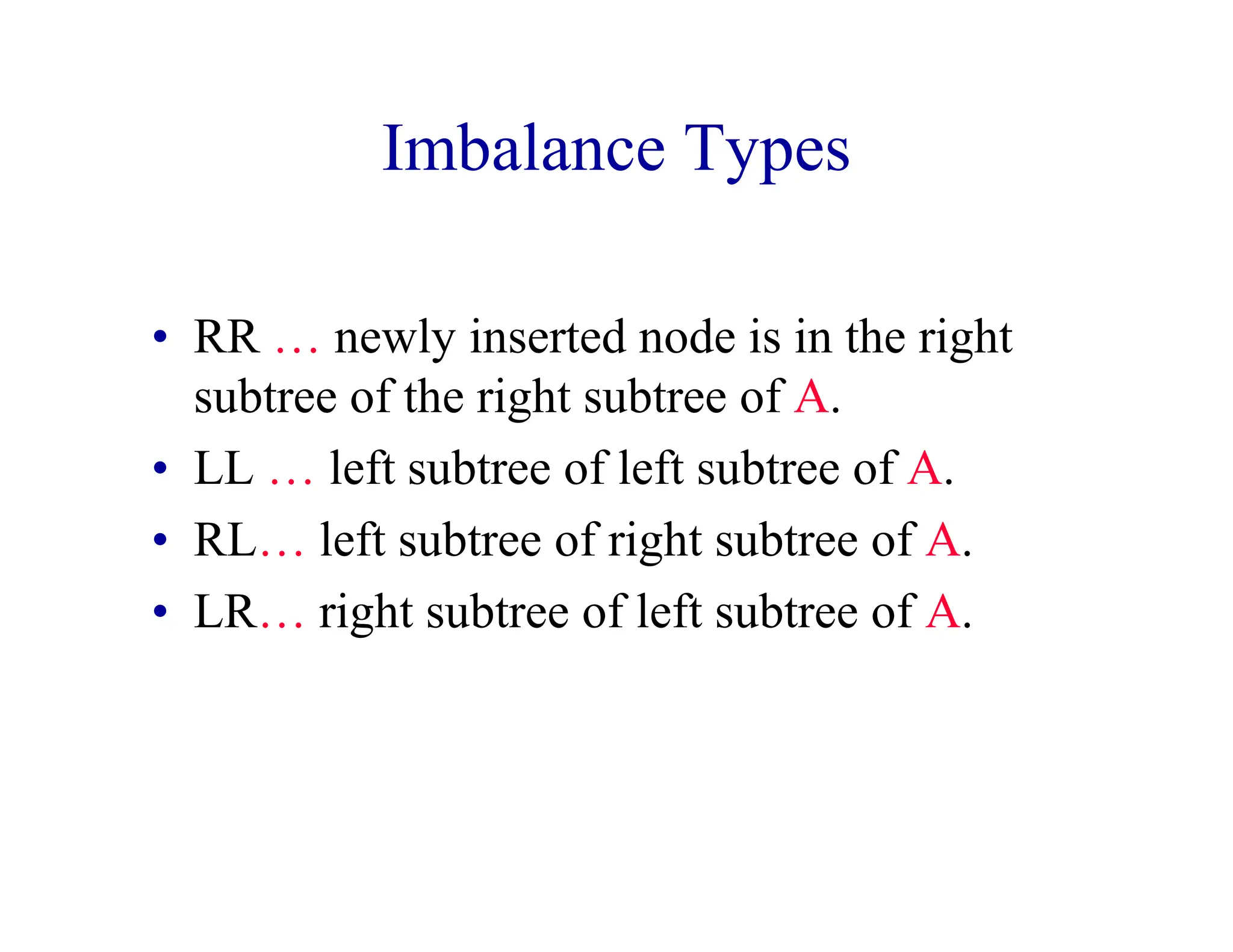 Imbalance Types
• RR … newly inserted node is in the right
subtree of the right subtree of A.
• LL … left subtree of left subtree of A.
• RL… left subtree of right subtree of A.
• LR… right subtree of left subtree of A.
 