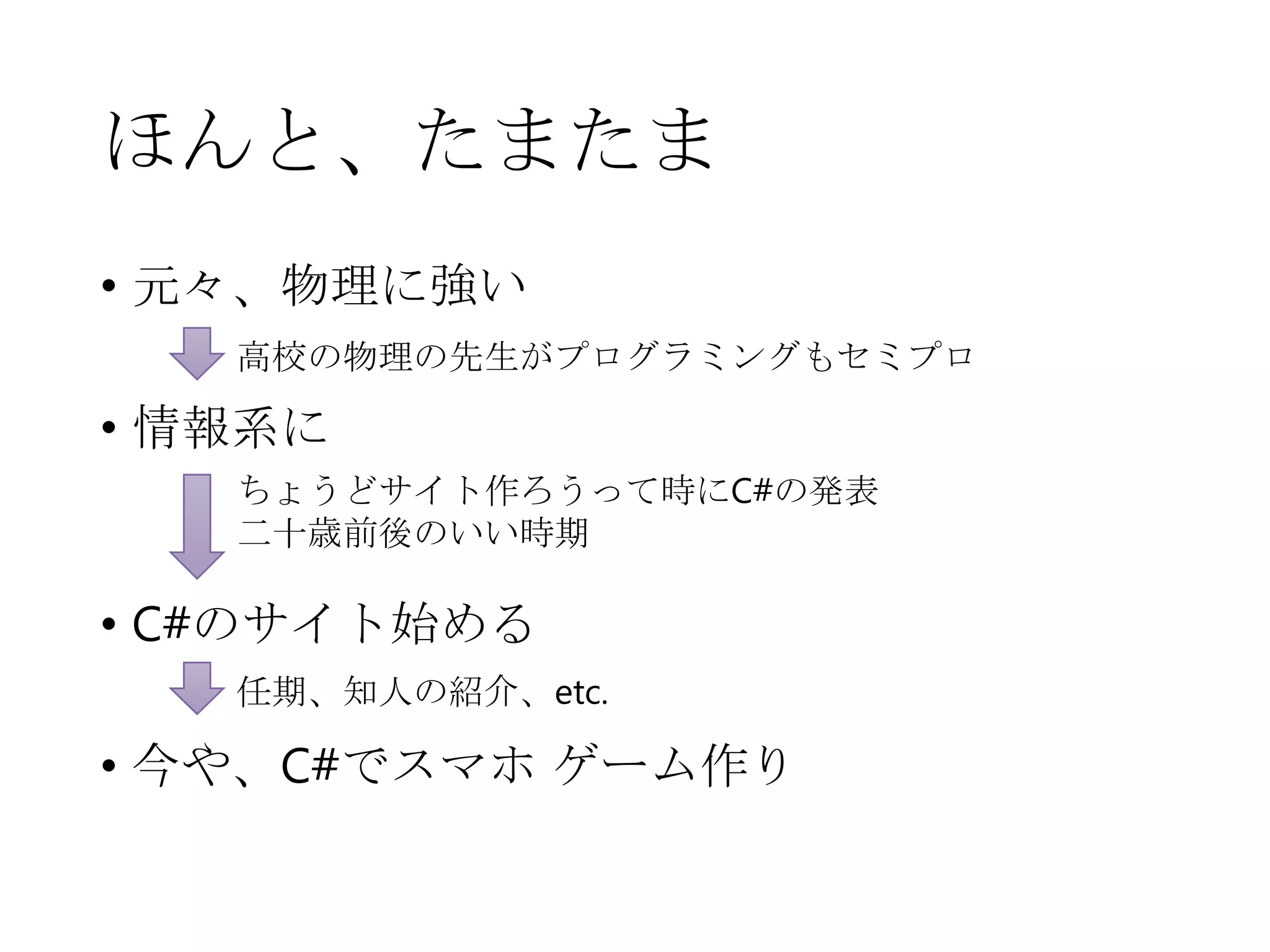 ほんと、たまたま
• 元々、物理に強い
• 情報系に
• C#のサイト始める
• 今や、C#でスマホ ゲーム作り
高校の物理の先生がプログラミングもセミプロ
ちょうどサイト作ろうって時にC#の発表
二十歳前後のいい時期
任期、知人の紹介、etc.
 