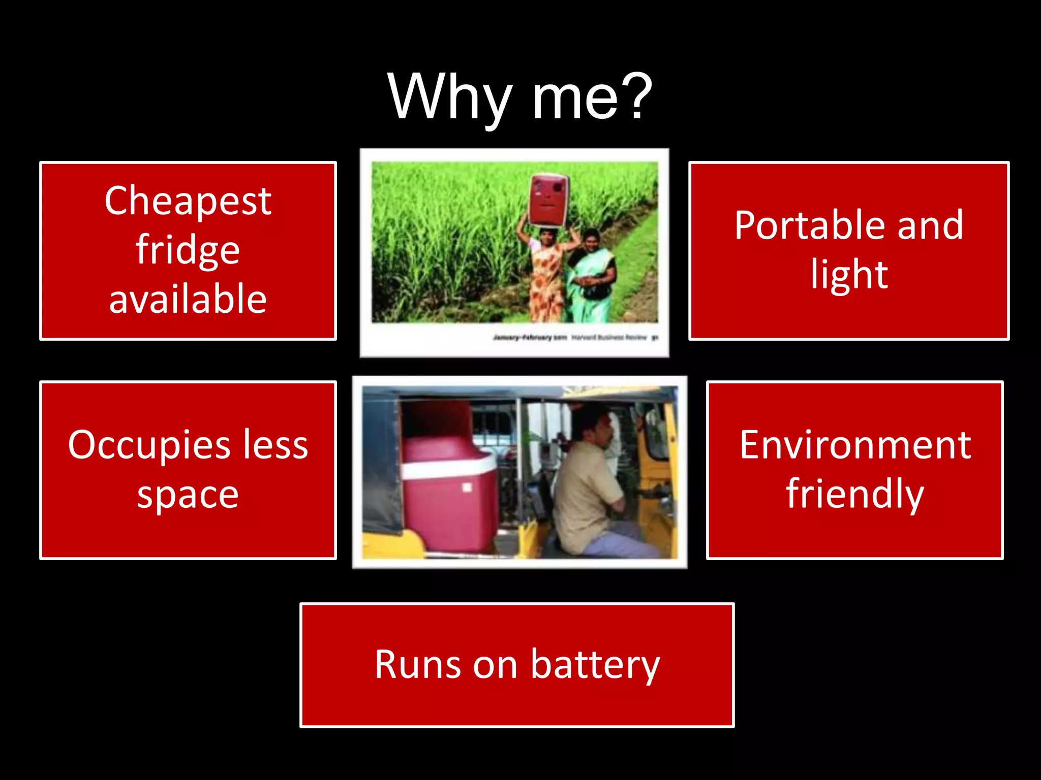Why me?
Cheapest
fridge
available

Portable and
light

Occupies less
space

Environment
friendly

Runs on battery

 