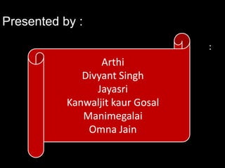 Presented by :
:

Arthi
Divyant Singh
Jayasri
Kanwaljit kaur Gosal
Manimegalai
Omna Jain

 