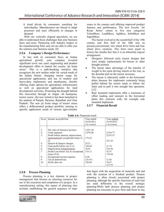 ISBN 978-93-5156-328-0 
International Conference of Advance Research and Innovation (ICARI-2014) 
88 
A trend driven by consumers searching for 
individuality. Manufacturers are forced to adapt 
processes and react efficiently to changes in 
demand. 
With our vertically aligned specialists, we are 
able to understand these challenges that your business 
faces and more. Partnering with industry leaders in 
the manufacturing field, easy net are able to offer you 
the solution your business needs. [8] 
2.5.6 Company’s Design Performance 
In line with its consistent focus on Indian 
agricultural growth, your company invested 
significant (over one year) engineering and product 
development effort to launch the escorts ‘jai kisan 
series’. This is a path-breaking initiative that 
recognizes the new market order for varied needs of 
the Indian farmer, changing tractor usage for 
specialized applications and use of modern and 
heavy-duty implements and attachments, thereby 
offering wider options for agricultural, infrastructure 
as well as specialized applications for land 
development activities. Promoting the thought behind 
this innovation through its slogan ‘ab kaamjaisa, 
tractor waisa’, the new initiative has been launched in 
the markets of Punjab, Haryana, Rajasthan and Uttar 
Pradesh. The new jai kisan range of tractor series 
offers a differentiated product portfolio catering to 
specific application needs of various agro-climatic 
ICARI 
zones in the country and offering improved product 
features and performance. The new Escorts ‘Jai 
Kisan Series’ comes in five new categories 
ValueMaxx, LoadMaxx, AgMaxx, InfraMaxx and 
SuperMaxx. 
The tractor evolved in the second half of the 19th 
century and first half of the 20th into its 
present,conventional, two wheel drive form and four 
wheel drive variation. This form owes much to 
history but alsothe fact that it is an inherently logical 
arrangement. 
 Designers followed early tractor designs that 
were simply replacements for horses or other 
draught animals. 
 The layout takes advantage of the transfer of 
weight to the main driving wheels at the rear, as 
the drawbar pull on the tractor increases. 
 The layout is inherently stable in the horizontal 
plane because the implement commonly being 
pulled behind the tractor tends to follow the 
latter and to pull it into straight line operation. 
[12] 
 Rear mounted implements offer a minimum of 
offset loading and moment in the horizontal 
plane this contrasts with, for example side 
mounted implement. 
2.5.7 Financial Result 
Table 4.4: Financial result 
2.5.8 Process Planning 
Process planning is a key element in project 
management that focuses on selecting resources for 
use in the execution and completion of a project. In a 
manufacturing setting, this aspect of planning also 
includes establishing the general sequence of steps 
that begin with the acquisition of materials and end 
with the creation of a finished product. Process 
planning is often closely associated with project 
planning, although the specific functions of each tool 
are used differently in the overall strategic 
planning.While both process planning and project 
planning are necessary to give form and focus to any 
 