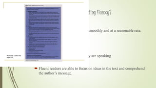 What is Reading Fluency? 
 Involves the ability to read text smoothly and at a reasonable rate. 
 Fluent readers read effortlessly 
1. Speed 
2. Accuracy 
3. Proper expression as though they are speaking 
 Automatically nature of reading 
 Fluent readers are able to focus on ideas in the text and comprehend 
the author’s message. 
 