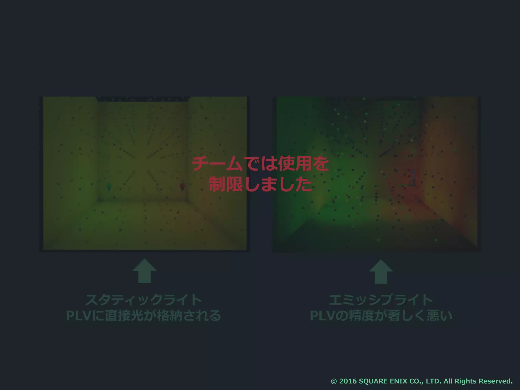 スタティックライト
PLVに直接光が格納される
エミッシブライト
PLVの精度が著しく悪い
チームでは使用を
制限しました
© 2016 SQUARE ENIX CO., LTD. All Rights Reserved.
 