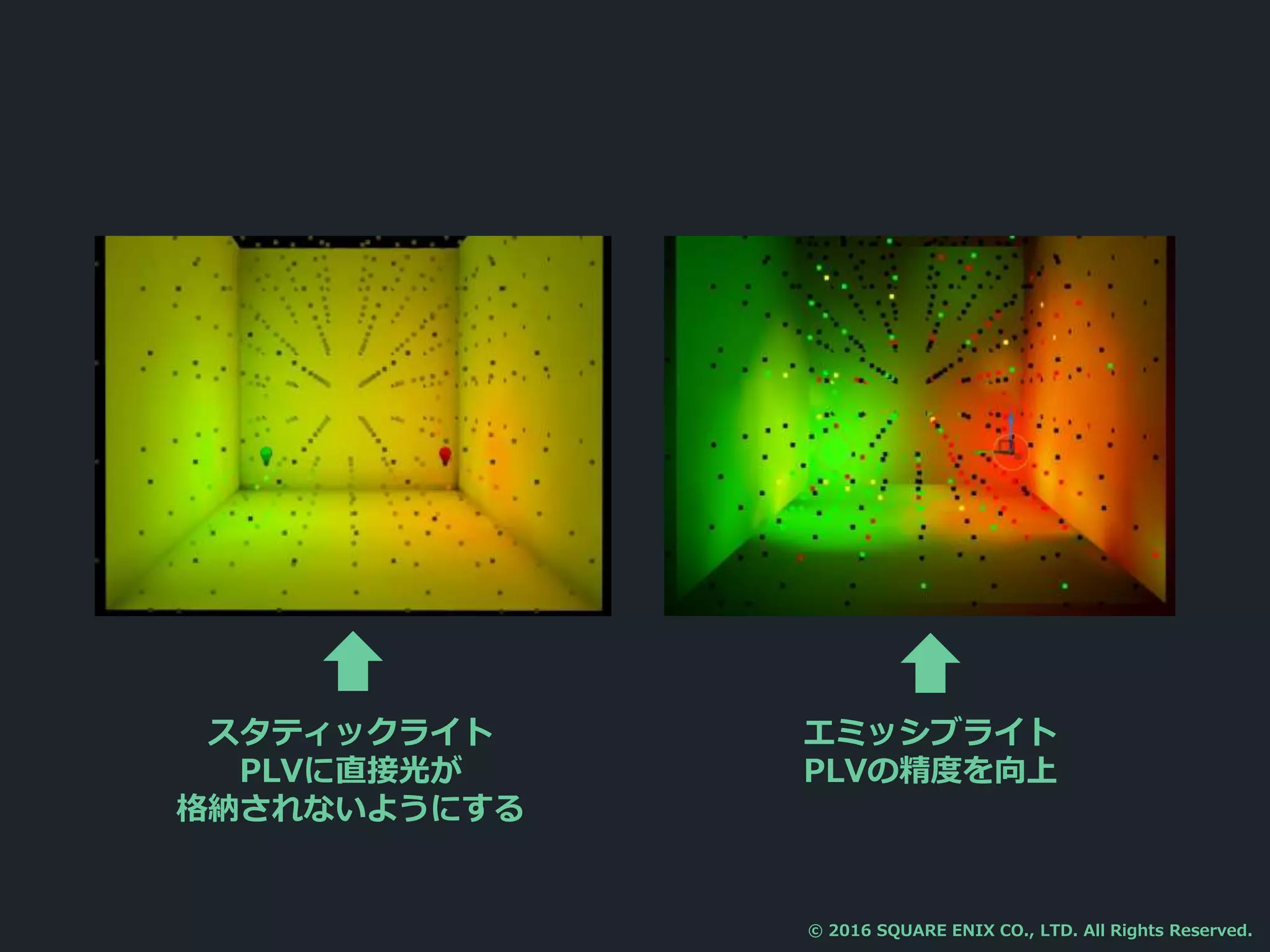 スタティックライト
PLVに直接光が
格納されないようにする
エミッシブライト
PLVの精度を向上
© 2016 SQUARE ENIX CO., LTD. All Rights Reserved.
 