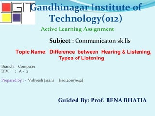 Gandhinagar Institute of
Technology(012)
Subject : Communicaton skills
Active Learning Assignment
Branch : Computer
DIV. : A - 2
Prepared by : - Vishvesh Jasani (160120107042)
Guided By: Prof. BENA BHATIA
Topic Name: Difference between Hearing & Listening,
Types of Listening
 