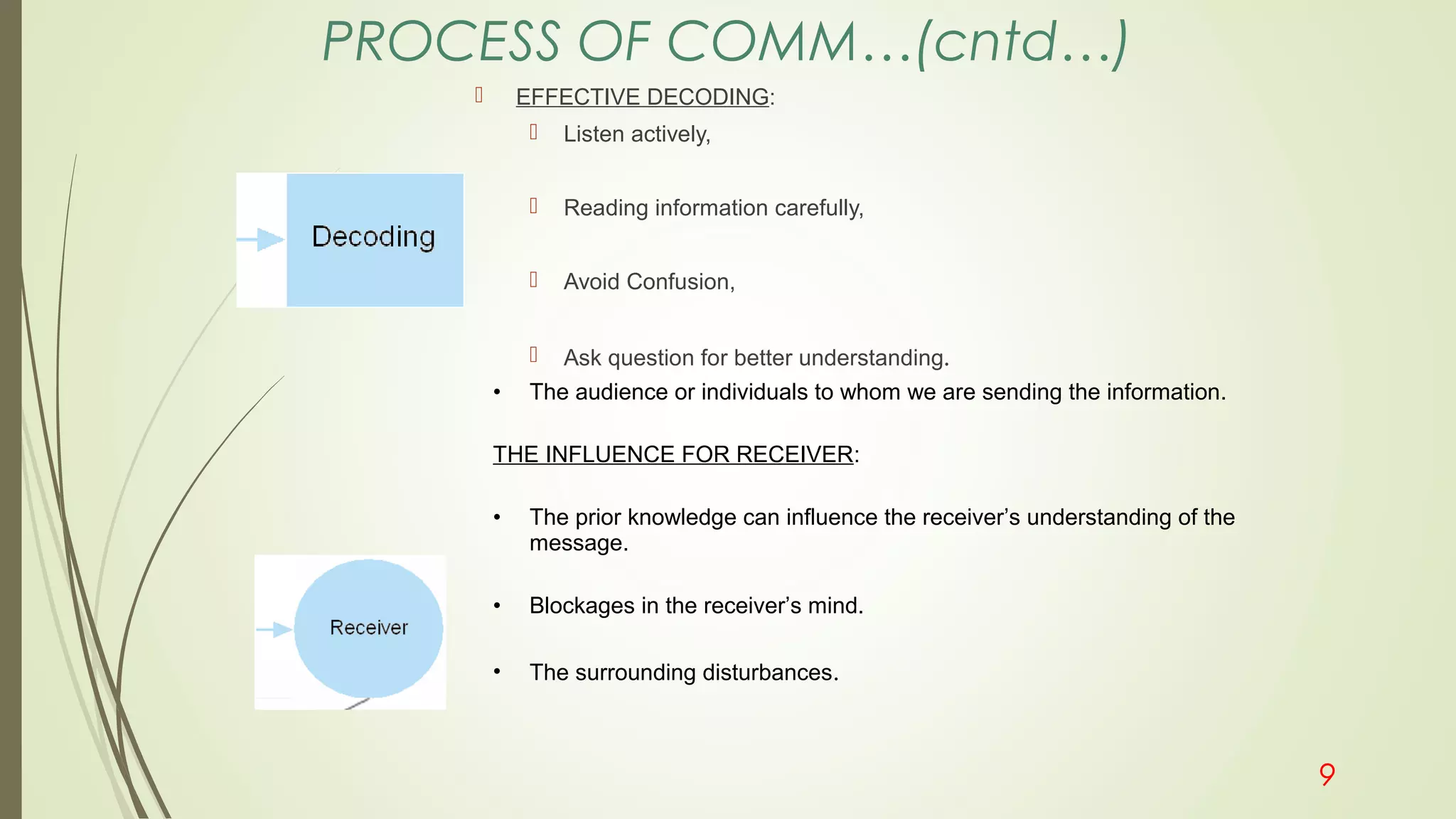  EFFECTIVE DECODING:
 Listen actively,
 Reading information carefully,
 Avoid Confusion,
 Ask question for better understanding.
PROCESS OF COMM…(cntd…)
• The audience or individuals to whom we are sending the information.
THE INFLUENCE FOR RECEIVER:
• The prior knowledge can influence the receiver’s understanding of the
message.
• Blockages in the receiver’s mind.
• The surrounding disturbances.
9
 