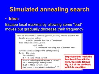 Simulated annealing search
• Idea:
Escape local maxima by allowing some "bad"
moves but gradually decrease their frequency
Improvement: Track the
BestResultFoundSoFar.
Here, this slide follows
Fig. 4.5 of the textbook,
which is simplified.
 