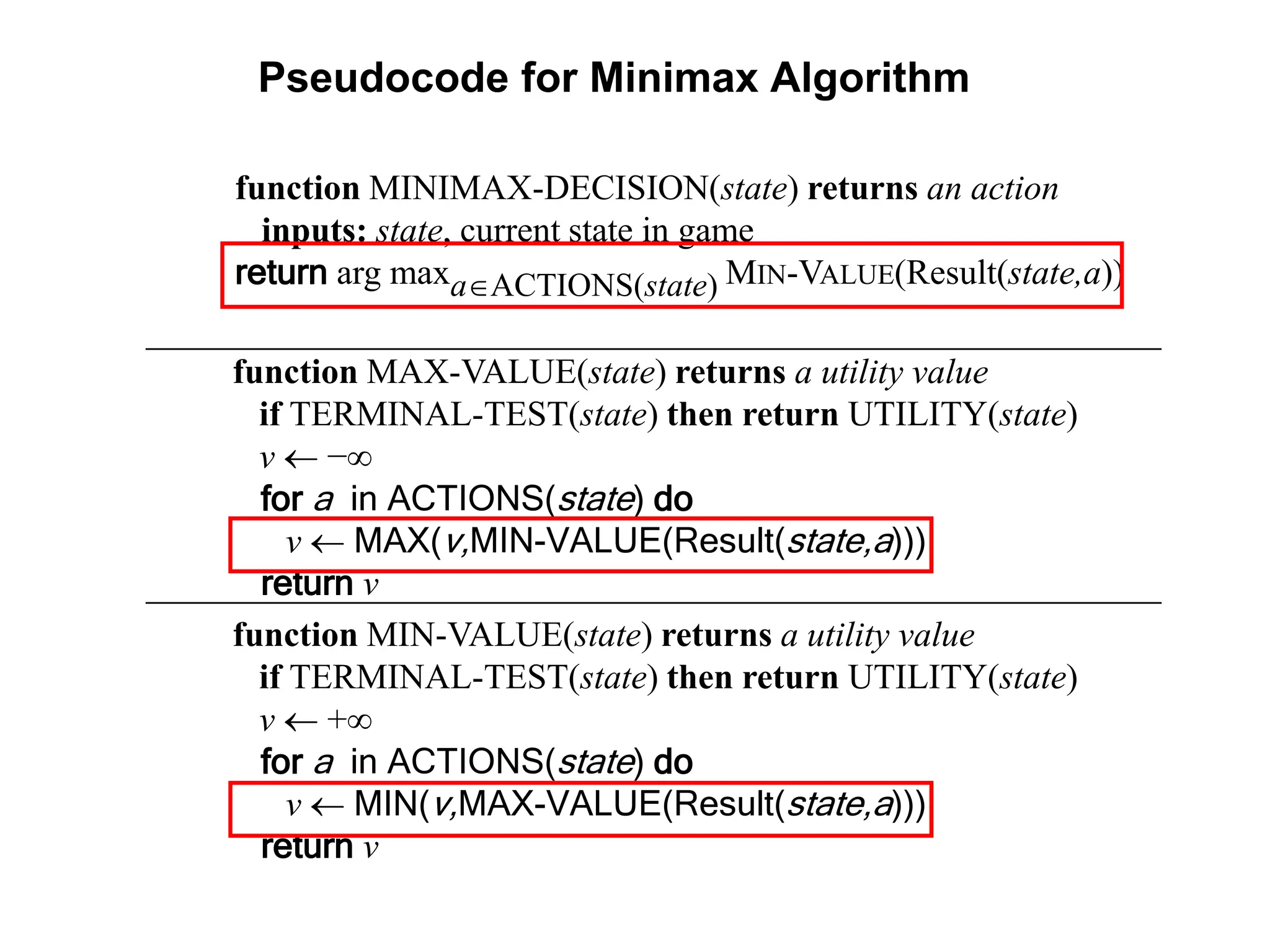 Pseudocode for Minimax Algorithm
function MINIMAX-DECISION(state) returns an action
inputs: state, current state in game
return arg maxaACTIONS(state) MIN-VALUE(Result(state,a))
function MIN-VALUE(state) returns a utility value
if TERMINAL-TEST(state) then return UTILITY(state)
v  +∞
for a in ACTIONS(state) do
v  MIN(v,MAX-VALUE(Result(state,a)))
return v
function MAX-VALUE(state) returns a utility value
if TERMINAL-TEST(state) then return UTILITY(state)
v  −∞
for a in ACTIONS(state) do
v  MAX(v,MIN-VALUE(Result(state,a)))
return v
 