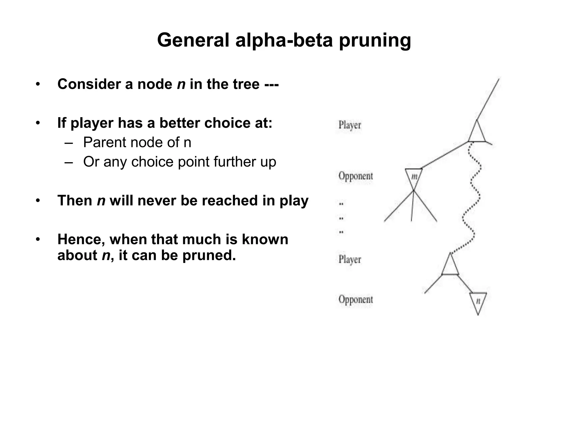 General alpha-beta pruning
• Consider a node n in the tree ---
• If player has a better choice at:
– Parent node of n
– Or any choice point further up
• Then n will never be reached in play.
• Hence, when that much is known
about n, it can be pruned.
 