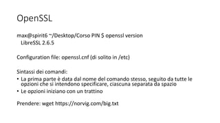 OpenSSL
max@spirit6 ~/Desktop/Corso PIN $ openssl version
LibreSSL 2.6.5
Configuration file: openssl.cnf (di solito in /etc)
Sintassi dei comandi:
• La prima parte è data dal nome del comando stesso, seguito da tutte le
opzioni che si intendono specificare, ciascuna separata da spazio
• Le opzioni iniziano con un trattino
Prendere: wget https://norvig.com/big.txt
 
