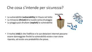 Che cosa s’intende per sicurezza?
• La vulnerabilità (vulnerability) è il buco nel tetto
• La minaccia (threat) è la nuvola carica di pioggia
• La pioggia può sfruttare (exploit) la vulnerabilità
• Il rischio (risk) è che l’edificio e le sue dotazioni internet possano
essere danneggiate finché la vulnerabilità esiste e non viene
riparata, ed esiste una probabilità che piova.
 