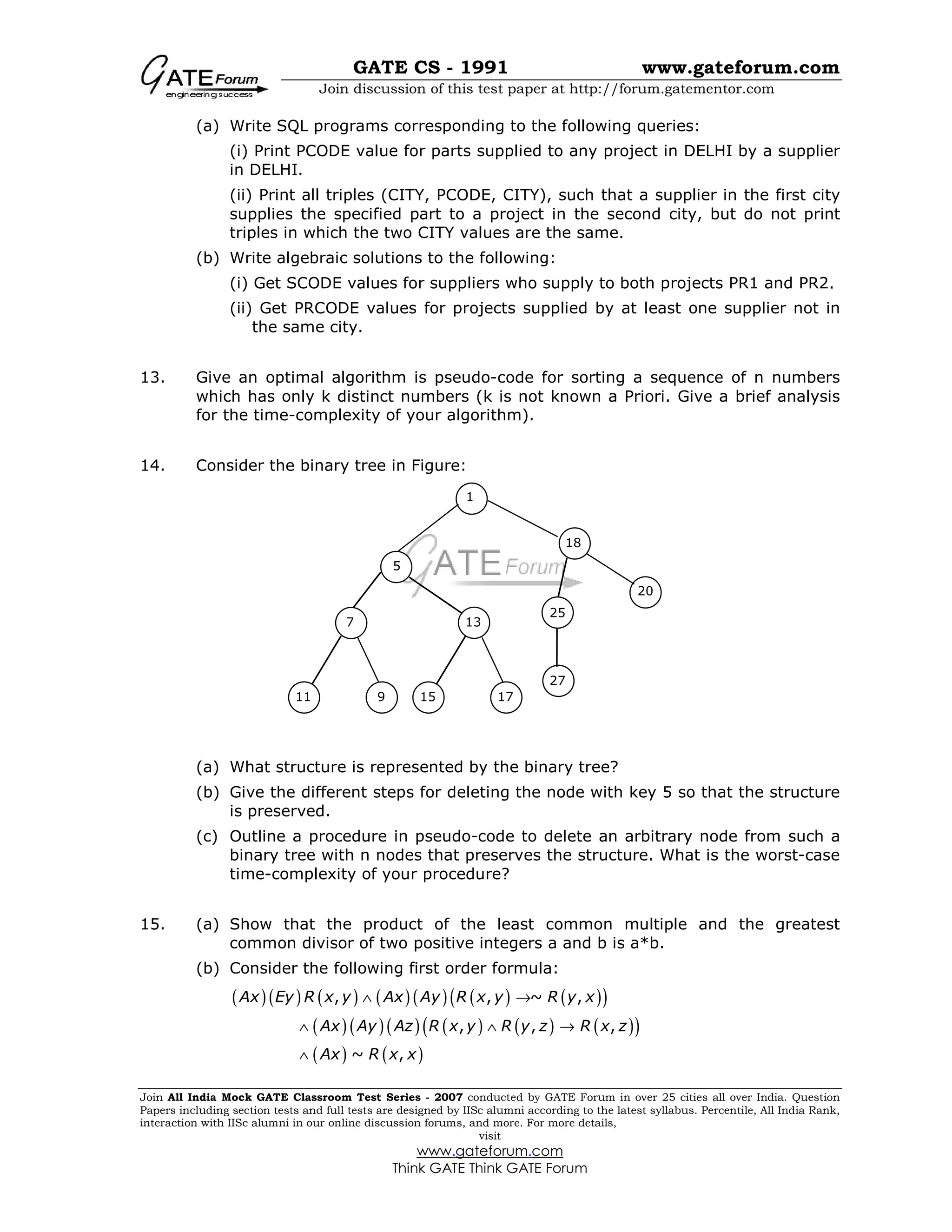 GATE CS - 1991 www.gateforum.com
Join discussion of this test paper at http://forum.gatementor.com
Join All India Mock GATE Classroom Test Series - 2007 conducted by GATE Forum in over 25 cities all over India. Question
Papers including section tests and full tests are designed by IISc alumni according to the latest syllabus. Percentile, All India Rank,
interaction with IISc alumni in our online discussion forums, and more. For more details,
visit
www.gateforum.com
Think GATE Think GATE Forum
(a) Write SQL programs corresponding to the following queries:
(i) Print PCODE value for parts supplied to any project in DELHI by a supplier
in DELHI.
(ii) Print all triples (CITY, PCODE, CITY), such that a supplier in the first city
supplies the specified part to a project in the second city, but do not print
triples in which the two CITY values are the same.
(b) Write algebraic solutions to the following:
(i) Get SCODE values for suppliers who supply to both projects PR1 and PR2.
(ii) Get PRCODE values for projects supplied by at least one supplier not in
the same city.
13. Give an optimal algorithm is pseudo-code for sorting a sequence of n numbers
which has only k distinct numbers (k is not known a Priori. Give a brief analysis
for the time-complexity of your algorithm).
14. Consider the binary tree in Figure:
(a) What structure is represented by the binary tree?
(b) Give the different steps for deleting the node with key 5 so that the structure
is preserved.
(c) Outline a procedure in pseudo-code to delete an arbitrary node from such a
binary tree with n nodes that preserves the structure. What is the worst-case
time-complexity of your procedure?
15. (a) Show that the product of the least common multiple and the greatest
common divisor of two positive integers a and b is a*b.
(b) Consider the following first order formula:
( )( ) ( ) ( )( ) ( ) ( )( )
( )( )( ) ( ) ( ) ( )( )
( ) ( )
, , ~ ,
, , ,
~ ,
Ax Ey R x y Ax Ay R x y R y x
Ax Ay Az R x y R y z R x z
Ax R x x
∧ →
∧ ∧ →
∧
5
7 13
1
18
20
25
27
11 9 15 17
 