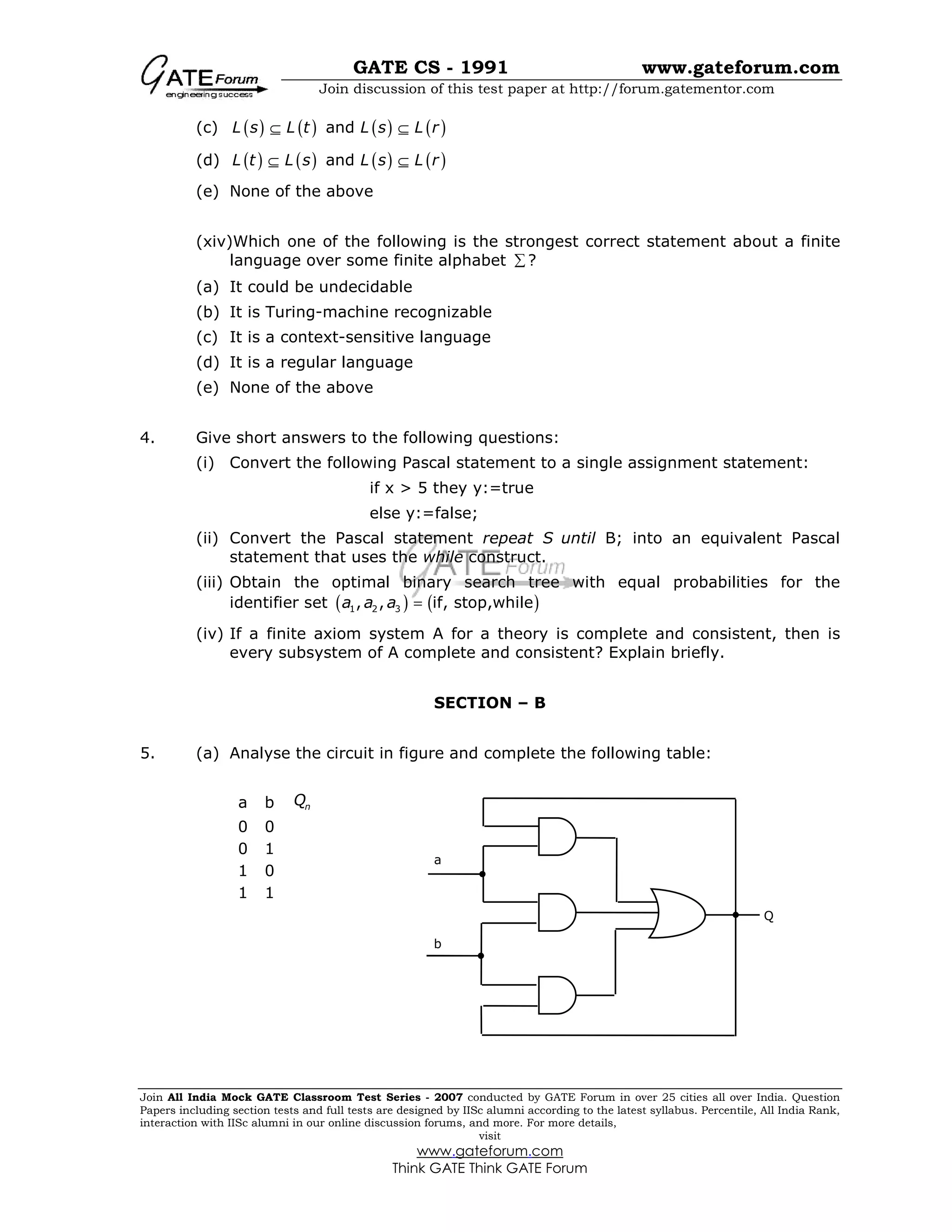 GATE CS - 1991 www.gateforum.com
Join discussion of this test paper at http://forum.gatementor.com
Join All India Mock GATE Classroom Test Series - 2007 conducted by GATE Forum in over 25 cities all over India. Question
Papers including section tests and full tests are designed by IISc alumni according to the latest syllabus. Percentile, All India Rank,
interaction with IISc alumni in our online discussion forums, and more. For more details,
visit
www.gateforum.com
Think GATE Think GATE Forum
(c) ( ) ( ) ( ) ( )andL s L t L s L r⊆ ⊆
(d) ( ) ( ) ( ) ( )andL t L s L s L r⊆ ⊆
(e) None of the above
(xiv)Which one of the following is the strongest correct statement about a finite
language over some finite alphabet ?∑
(a) It could be undecidable
(b) It is Turing-machine recognizable
(c) It is a context-sensitive language
(d) It is a regular language
(e) None of the above
4. Give short answers to the following questions:
(i) Convert the following Pascal statement to a single assignment statement:
if x > 5 they y:=true
else y:=false;
(ii) Convert the Pascal statement repeat S until B; into an equivalent Pascal
statement that uses the while construct.
(iii) Obtain the optimal binary search tree with equal probabilities for the
identifier set ( ) ( )1 2 3, , if, stop,whilea a a =
(iv) If a finite axiom system A for a theory is complete and consistent, then is
every subsystem of A complete and consistent? Explain briefly.
SECTION – B
5. (a) Analyse the circuit in figure and complete the following table:
a b nQ
0 0
0 1
1 0
1 1
Q
a
b
 