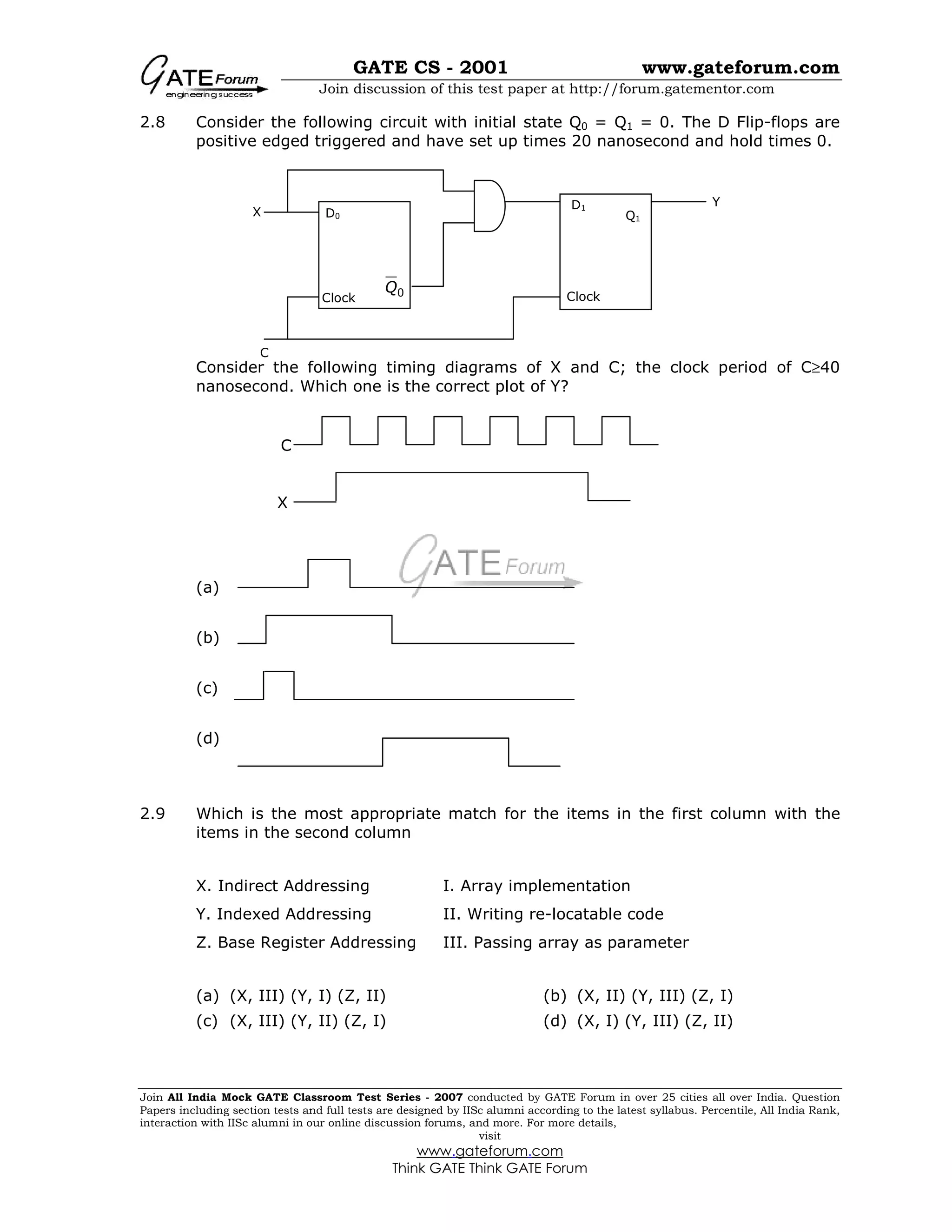 GATE CS - 2001 www.gateforum.com
Join discussion of this test paper at http://forum.gatementor.com
Join All India Mock GATE Classroom Test Series - 2007 conducted by GATE Forum in over 25 cities all over India. Question
Papers including section tests and full tests are designed by IISc alumni according to the latest syllabus. Percentile, All India Rank,
interaction with IISc alumni in our online discussion forums, and more. For more details,
visit
www.gateforum.com
Think GATE Think GATE Forum
2.8 Consider the following circuit with initial state Q0 = Q1 = 0. The D Flip-flops are
positive edged triggered and have set up times 20 nanosecond and hold times 0.
Consider the following timing diagrams of X and C; the clock period of C≥40
nanosecond. Which one is the correct plot of Y?
(a)
(b)
(c)
(d)
2.9 Which is the most appropriate match for the items in the first column with the
items in the second column
X. Indirect Addressing I. Array implementation
Y. Indexed Addressing II. Writing re-locatable code
Z. Base Register Addressing III. Passing array as parameter
(a) (X, III) (Y, I) (Z, II) (b) (X, II) (Y, III) (Z, I)
(c) (X, III) (Y, II) (Z, I) (d) (X, I) (Y, III) (Z, II)
Y
C
X D0
Clock Clock
D1
Q1
0Q
C
X
 