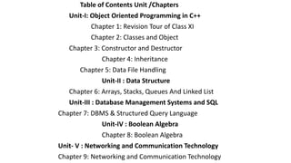 Table of Contents Unit /Chapters
Unit-I: Object Oriented Programming in C++
Chapter 1: Revision Tour of Class XI
Chapter 2: Classes and Object
Chapter 3: Constructor and Destructor
Chapter 4: Inheritance
Chapter 5: Data File Handling
Unit-II : Data Structure
Chapter 6: Arrays, Stacks, Queues And Linked List
Unit-III : Database Management Systems and SQL
Chapter 7: DBMS & Structured Query Language
Unit-IV : Boolean Algebra
Chapter 8: Boolean Algebra
Unit- V : Networking and Communication Technology
Chapter 9: Networking and Communication Technology
 