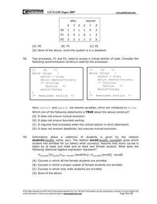 CSGATE Paper 2007 www.gateforum.com
© All rights reserved by GATE Forum Educational Services Pvt. Ltd. No part of this booklet may be reproduced or utilized in any form without the
written permission. Discuss this questions paper at www.gateforum.com. Page 13 of 19
(A) P0 (B) P1 (C) P2
(D) None of the above, since the system is in a deadlock.
58. Two processes, P1 and P2, need to access a critical section of code. Consider the
following synchronization construct used by the processes:
Here, wants1 and wants2 are shared variables, which are initialized to false.
Which one of the following statements is TRUE about the above construct?
(A) It does not ensure mutual exclusion.
(B) It does not ensure bounded waiting.
(C) It requires that processes enter the critical section in strict alternation.
(D) It does not prevent deadlocks, but ensures mutual exclusion.
59. Information about a collection of students is given by the relation
studinfo(studId, name, sex). The relation enroll(studId, courseId) gives which
student has enrolled for (or taken) what course(s). Assume that every course is
taken by at least one male and at least one female student. What does the
following relational algebra expression represent?
( )( ) ( )( )( )courseId studId "female" courseIdstudInfo enroll enrollsexσ =Π Π × Π −
(A) Courses in which all the female students are enrolled.
(B) Courses in which a proper subset of female students are enrolled.
(C) Courses in which only male students are enrolled.
(D) None of the above
alloc request
X Y Z X Y Z
P0 1 2 1 1 0 3
P1 2 0 1 0 1 2
P2 2 2 1 1 2 0
/* P1 */
while (true) {
wants1 = true;
while (wants2==true);
/* Critical
Section */
wants1=false;
}
/* Remainder section */
/* P2 */
while (true) {
wants2 = true;
while (wants1==true);
/* Critical
Section */
Wants2=false;
}
/* Remainder section */
 