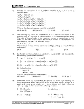 CS GATE Paper 2009 www.gateforum.com
© All rights reserved by GATE Forum Educational Services Pvt. Ltd. No part of this booklet may be reproduced or utilized in any form without the
written permission. Discuss this questions paper at www.gateforum.com. Page 10 of 13
43. Consider two transactions T1 and T2, and four schedules S1, S2, S3, S4 of T1 and T2
as given below:
1 1 1 1
2 2 2 2
1 1 2 2 1 1 2
2 1 2 2 1 2 1
3 1 1 2 1 2 2
4 2 2
T :R x W x W y
T :R x R y W y
S :R x R x R y W x W y W y
S :R x R x R y W x W y W y
S :R x W x R x W y R y W y
S :R x R y
          
          
                      
                      
                      
       1 1 1 2R x W x W y W y              
Which of the above schedules are conflict-serializable?
(A) S1 and S2 (B) S2 and S3 (C) S3 only (D) S4 only
44. The following key values are inserted into a B+ - tree in which order of the
internal nodes is 3, and that of the leaf nodes is 2, in the sequence given below.
The order of internal nodes is the maximum number of tree pointers in each
node, and the order of leaf nodes is the maximum number of data items that can
be stored in it. The B+ - tree is initially empty.
10, 3, 6, 8, 4, 2, 1
The maximum number of times leaf nodes would get split up as a result of these
insertions is
(A) 2 (B) 3 (C) 4 (D) 5
45. Let R and S be relational schemes such that R={a,b,c} and S={c}. Now consider
the following queries on the database:
I. ( ) ( ) ( )( )R S R S R S R S,Sr r s r− − − −π − π π × − π
II. ( ) ( )( ){ }R St | t r u s v r u v s t v R S−∈ π ∧ ∀ ∈ ∃ ∈ = ∧ = −      
III. ( ) ( )( ){ }R St | t r v r u s u v s t v R S−∈ π ∧ ∀ ∈ ∃ ∈ = ∧ = −      
IV Select R.a, R.b
From R,S
Where R.c=S.c
Which of the above queries are equivalent?
(A) I and II (B) I and III (C) II and IV (D) III and IV
46. In the RSA public key cryptosystem, the private and public keys are (e,n) and
(d,n) respectively, where n=p*q and p and q are large primes. Besides, n is
public and p and q are private. Let M be an integer such that 0<M<n and
( ) ( )( )n p 1 q 1 .φ = − − Now consider the following equations.
I
( )
' e
d
'
M M mod n
M = M mod n
= II. ed 1mod n≡
III. ( )ed 1mod n≡ φ IV.
( )
' e
d
'
M M mod (n)
M = M mod (n)
= φ
φ
 