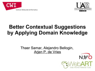 Better Contextual Suggestions 
by Applying Domain Knowledge 
Thaer Samar, Alejandro Bellogin, 
Arjen P. de Vries 
 