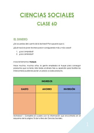 1	
CIENCIAS SOCIALES
CLASE 6D
¿Te acuerdas del cuento de la lechera? Por supuesto que sí.
¿Qué hacía la joven lechera para ir consiguiendo más y más cosas?
1. ¿Las compraba?
2. ¿Las cambiaba?
A eso le llamamos: trueque.
Hace muchos, muchos años, la gente empleaba el truque para conseguir
productos que no tenía. Más tarde, el dinero hizo su aparición para facilitar los
intercambios pudiendo poner un precio a cada producto.
INGRESOS
GASTO AHORRO INVERSIÓN
Actividad 1. Completa el cuadro con la información que encontrarás en el
esquema de la página 76 de tu libro de Ciencias Sociales.
 