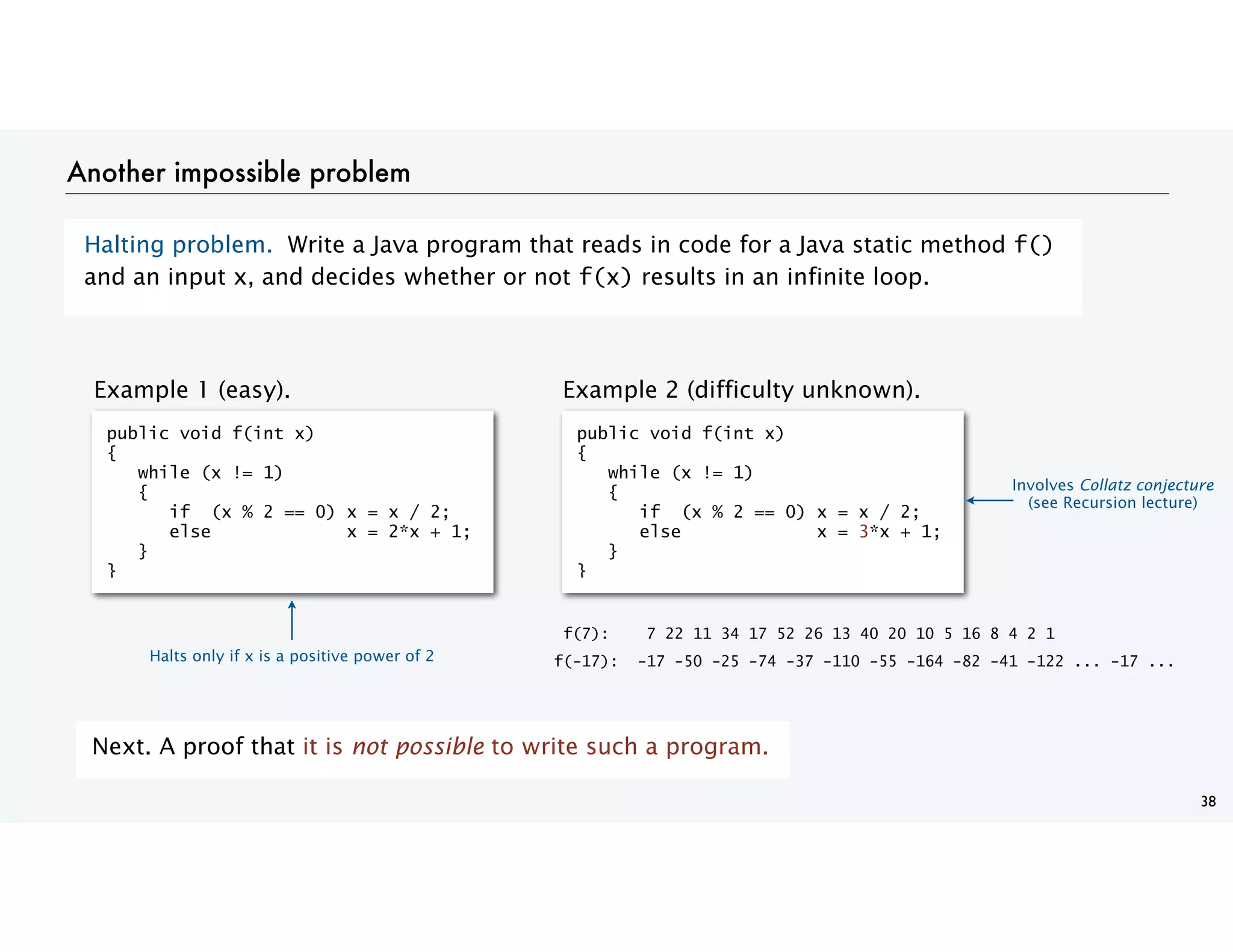 Another impossible problem
Halting problem. Write a Java program that reads in code for a Java static method f()
and an input x, and decides whether or not f(x) results in an infinite loop.
38
Next. A proof that it is not possible to write such a program.
Example 1 (easy). Example 2 (difficulty unknown).
public void f(int x)
{
while (x != 1)
{
if (x % 2 == 0) x = x / 2;
else x = 3*x + 1;
}
}
public void f(int x)
{
while (x != 1)
{
if (x % 2 == 0) x = x / 2;
else x = 2*x + 1;
}
}
f(7): 7 22 11 34 17 52 26 13 40 20 10 5 16 8 4 2 1
f(-17): -17 -50 -25 -74 -37 -110 -55 -164 -82 -41 -122 ... -17 ...
Involves Collatz conjecture
(see Recursion lecture)
Halts only if x is a positive power of 2
 
